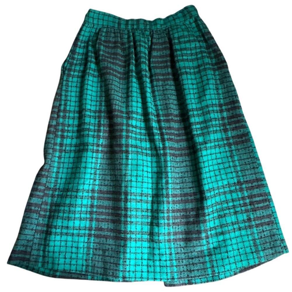Women’s 7 Vintage Easy Pieces Plaid Wool Midi Skirt Green Black Red Trim